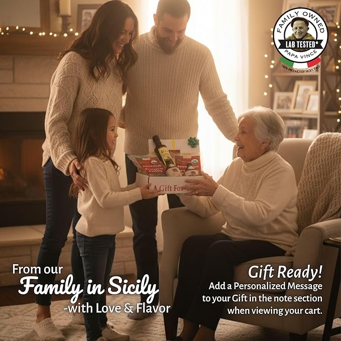 Papa Vince Italian Food Basket - Gourmet Gifts for Adults &amp Families Made in Italy with Organic Pasta Sauce &amp Olive Oil from our family in Sicily