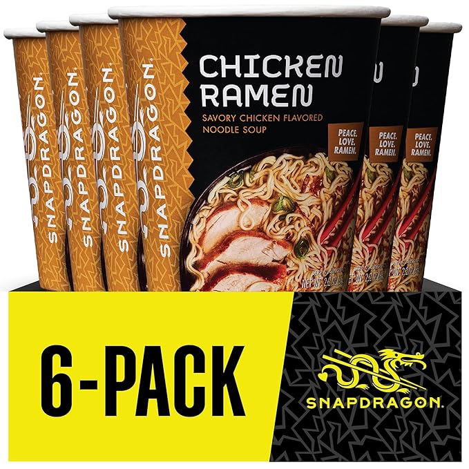 Snapdragon Chicken Ramen Cup Noodles - 6 Pack Instant Ramen Bowl with Authentic Wheat Noodles Soup Flavor Sauce Vege Pack and Garlic Flavoring Oil. Microwave or Hot Water Easy Meal Prep