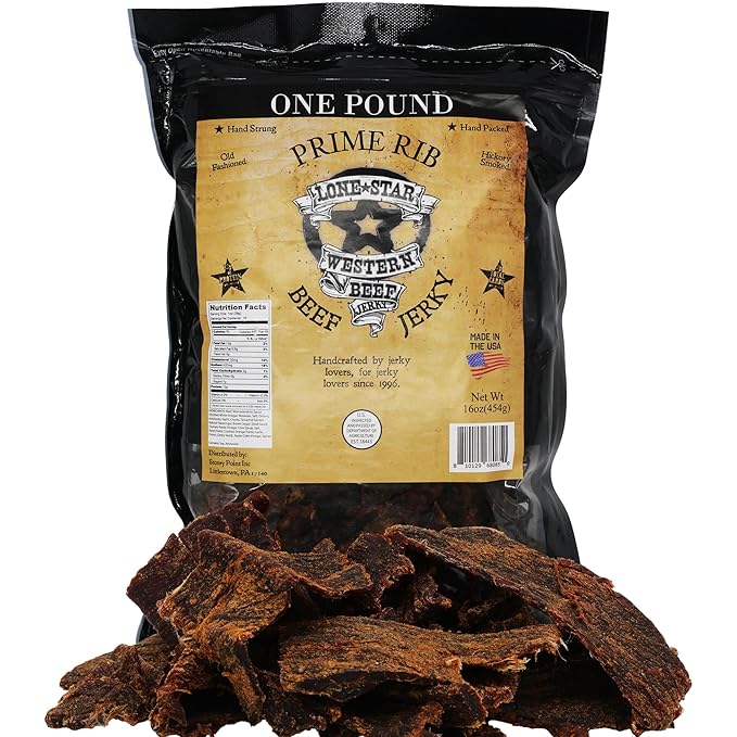Lone Star Prime Rib Flavored Beef Jerky - 1 Pound Resealable Bag - Hickory Smoked Handcrafted Flavor - High Protein Healthy Meat Snack