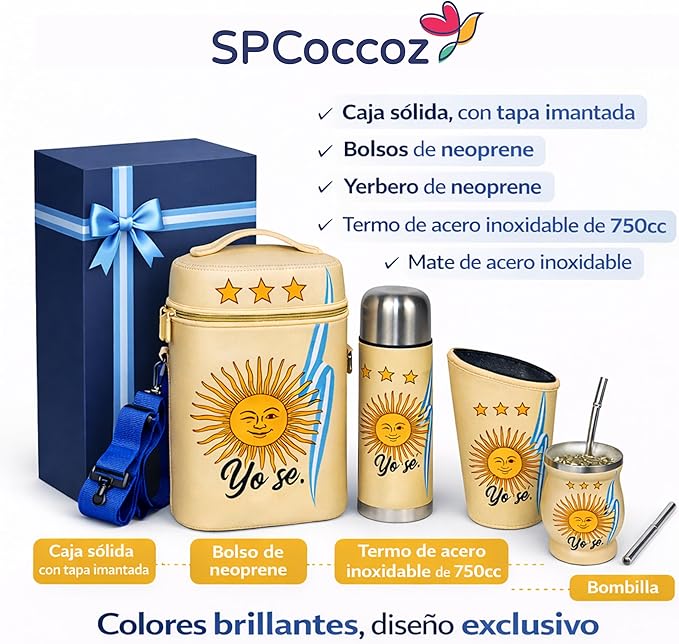Yerba Mate Cup Set – Complete Argentine Yerba Mate Kit - 750 ml Stainless Steel Bottle Mate Gourd Bombilla Neoprene Bag Yerba Container &amp Gift Box (Yo Sé – Sol Argentino)