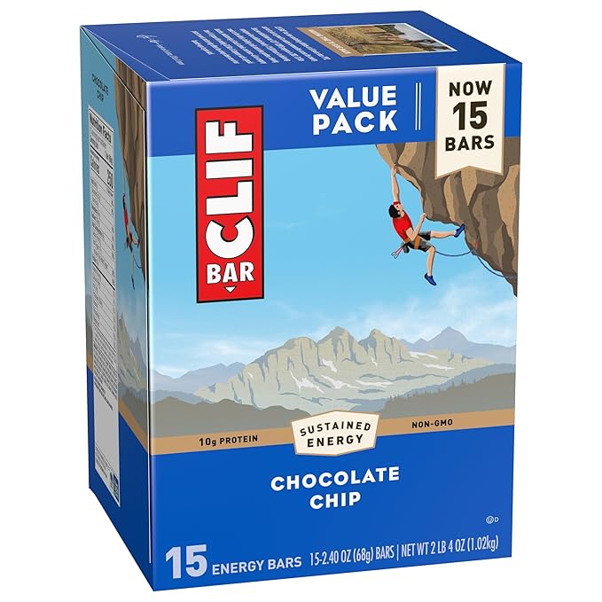CLIF BAR - Crunchy Peanut Butter + Chocolate Chip - Made with Organic Oats - 11g Protein - Non-GMO - Plant Based - Energy Bars - 2.4 oz. (30 Count)