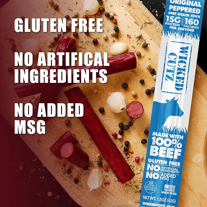 Original Peppered Beef Sticks 15g Protein Per Beef Stick Tender &amp Juicy Extra Large Meat Stick USA Made High Protein Meat Sticks Carnivore Snacks (12 Pack)