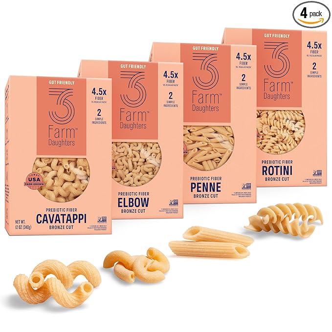 3 Farm Daughters High Fiber Pasta Variety Pack Includes Penne Elbow Rotini &amp Cavatappi Low GI Non GMO Low Net Carb Made in the USA 12 oz. (4 Pack)