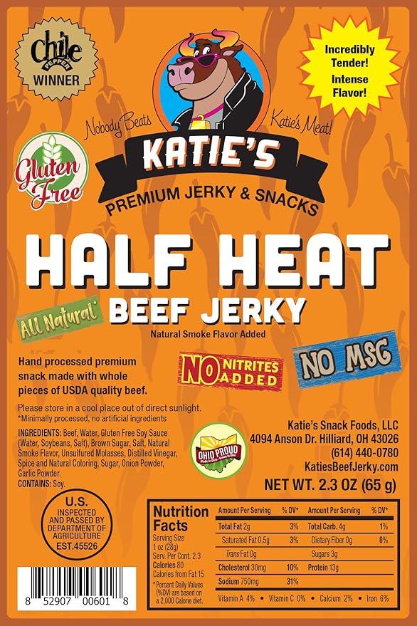 Half Heat Beef Jerky-(6 Pack) GLUTEN FREE - No Preservatives Nitrites or MSG