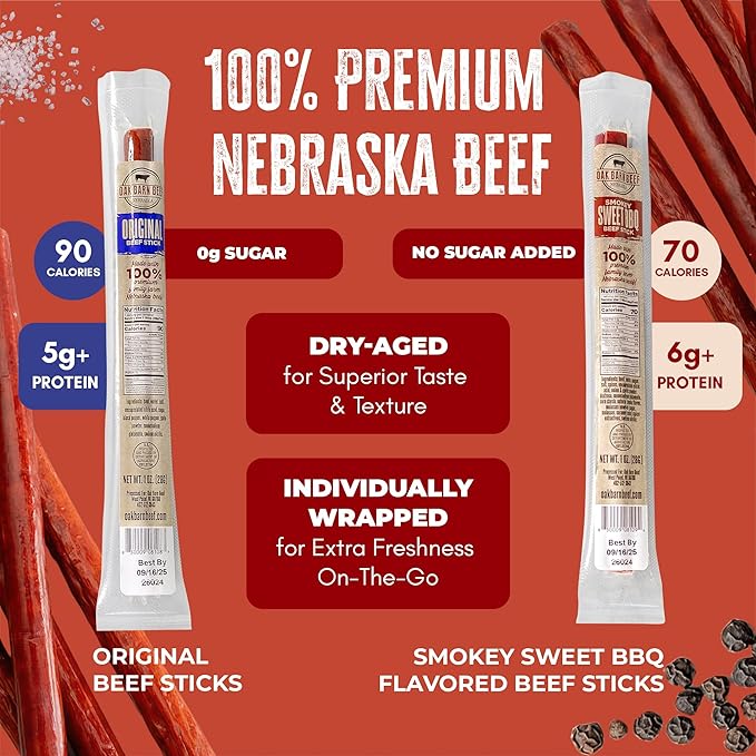 Oak Barn Beef Sticks - Dry Aged Meat Snacks - 100% Nebraska Small Farm Jerky Beef Sticks Individually Wrapped - Low-Calorie Sugar-Free Protein Snacks - Gluten Free Meat Stick - Smokey Sweet BBQ 12Pcs