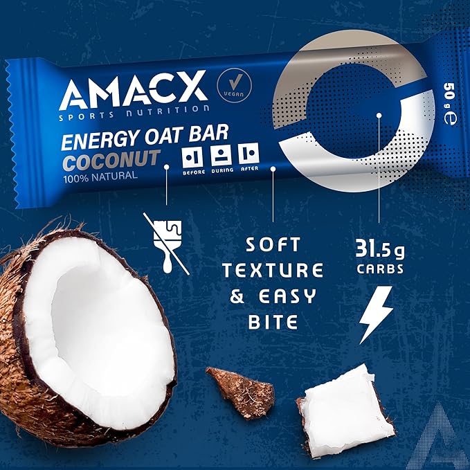 AMACX Energy Oat Bar for Endurance Sports – 12 x 50g – Energy Bars Carbohydrate mix (31g) – Vegan Protein Bar with 50mg magnesium – Running &amp Hiking Snacks – Healthy Oatmeal Power Bars – Coconut