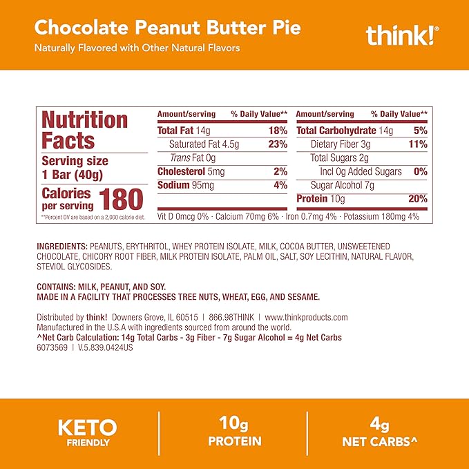 think! Delight Protein Bars Chocolate Peanut Butter Pie Low Sugar &amp Low Carb Gluten-Free Snack Keto Friendly Snacks 12 Count (Packaging May Vary)