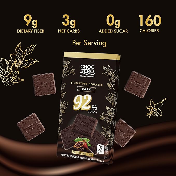 ChocZero 92% Cocoa Ultimate Dark Chocolate Squares – Sugar Free Vegan Keto Friendly &amp High Fiber No Sugar Alcohols – 4 Count (3.2 oz Boxes)