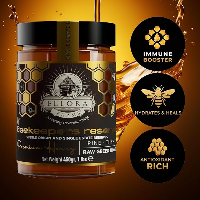 Ellora Farms Greek Honey Single Estate PDO Pine &amp Thyme Raw Honey Unfiltered Beautiful Gift Pack with Dipper Beekeepers Reserve Pure Raw &amp Unfiltered Cold-Pressed Gluten Free - 450 g