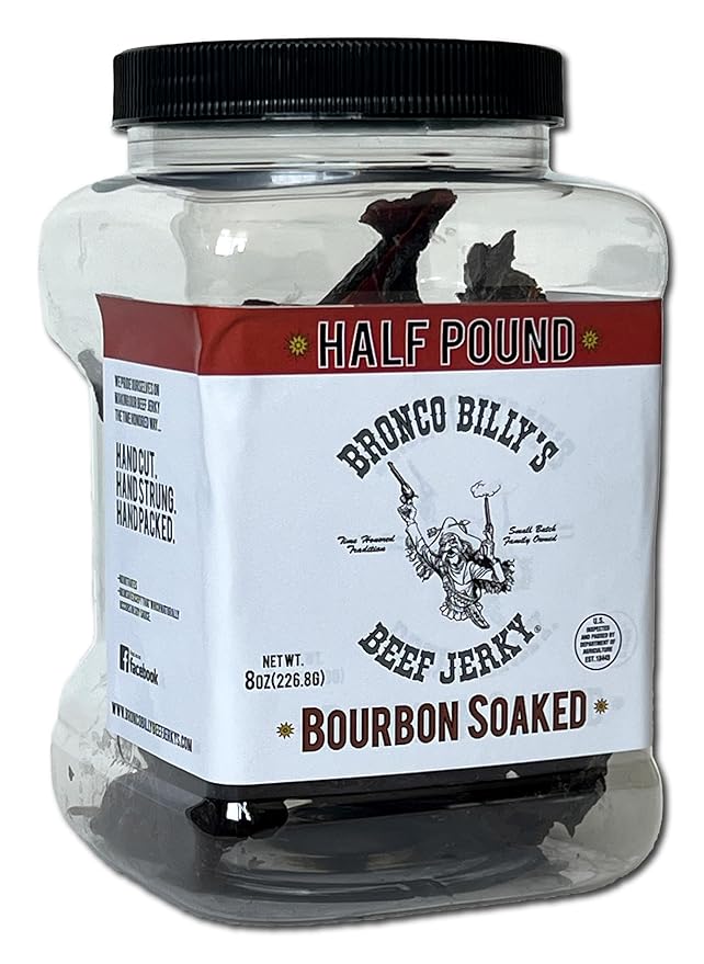 Bronco Billy's Beef Jerky Bourbon Soaked Half Pound Jar - 8oz - New Jar Design