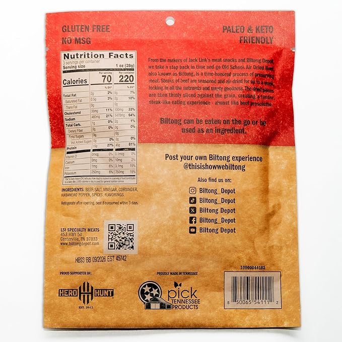 Biltong Depot Habanero Chili Biltong Slices Bundle - 3oz (3 Pack) | Air-Dried Beef Jerky Snack | Spicy Flavor| High Protein | Zero Sugar | Keto &amp Paleo Friendly | Gluten Free | No Artificial Prese