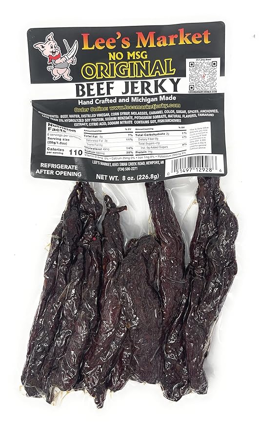 Lee's Market No MSG Original Beef Jerky - Soft &amp Tender - Healthy Low Carb Gluten-Free Snack - Paleo &amp Keto-Friendly - Michigan Made Handcrafted Jerky - Specialty Gourmet Meat Snacks - 8oz