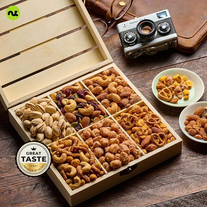 NUT CRAVINGS - Easter Mixed Nuts Gift Basket in Reusable Wooden Crate (12 Assortments) Ramadan Gifts Treats for Adults Food Arrangement Healthy Snack Care Package Kosher