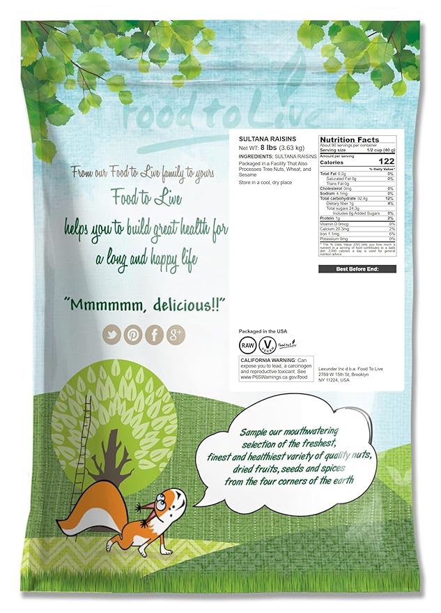 Food to Live Sultana Raisins 8 Pounds – Natural Dried Grapes for Baking Snacking and Trail Mixes.Vegan Bulk. No Sugar Added Unsulfured Lightly Coated with Sunflower Oil. Perfect Pantry Staple
