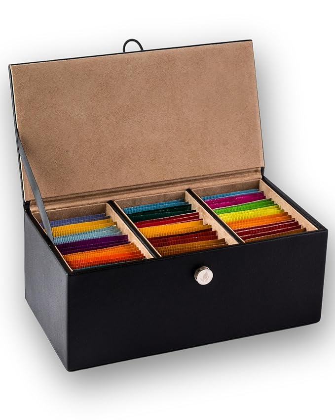 Gourmet Herbal and Decaf Tea Gift Variety 60 Count 15 Flavors Non-GMO and All-Natural Vegan Leather Storage Box