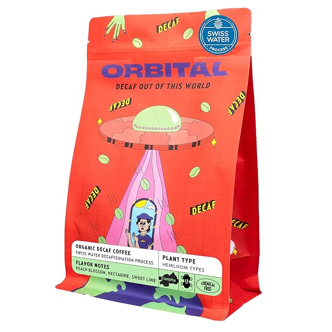 Organic USD Certified Swiss Water Process Decaf Whole Bean with tasting notes of Peach Nectarine Blackberry &amp Lime. Experience Orbital's Full-bodied clean and sweet brown sugar finish - 12 Oun