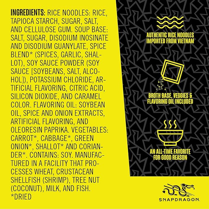 Snapdragon Pho Instant Noodle Bowls | Pho Flavor Broth with Rice Noodles | No Artificial Flavors | No MSG Added | 2.3 oz (9 Pack)