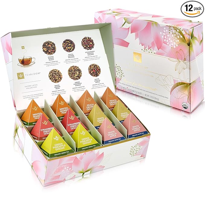 Teabloom Organic Sacred Lotus Pyramid Tea Presentation Box 12 Assorted USDA Certified Organic Whole-Leaf Pyramid Tea Sachets Green Tea Oolong tea White tea