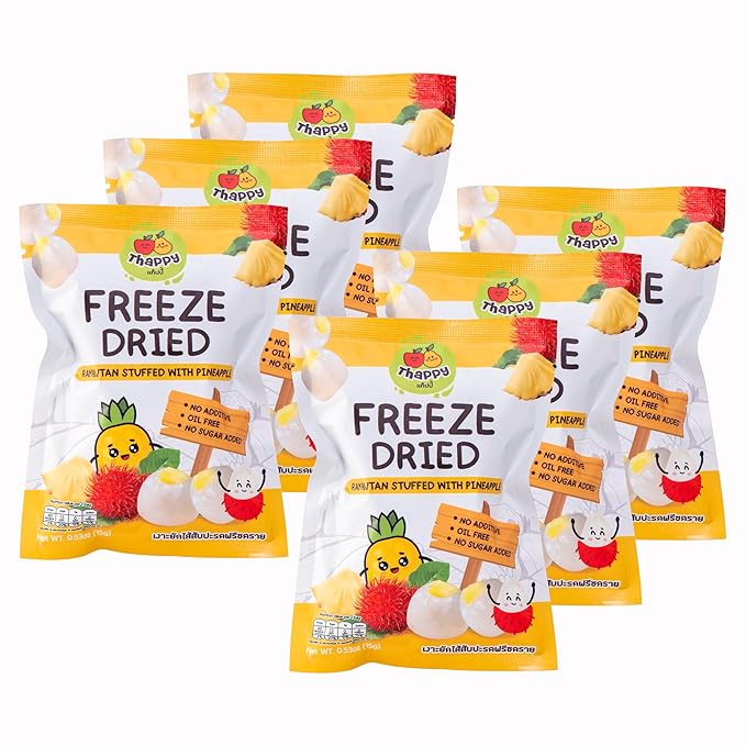 Thappy Fruit Freeze Dried Rambutan Stuffed with Pineapple Delight – No Additives Oil-Free Sugar-Free Tropical Snack 0.53oz (Pack of 6)