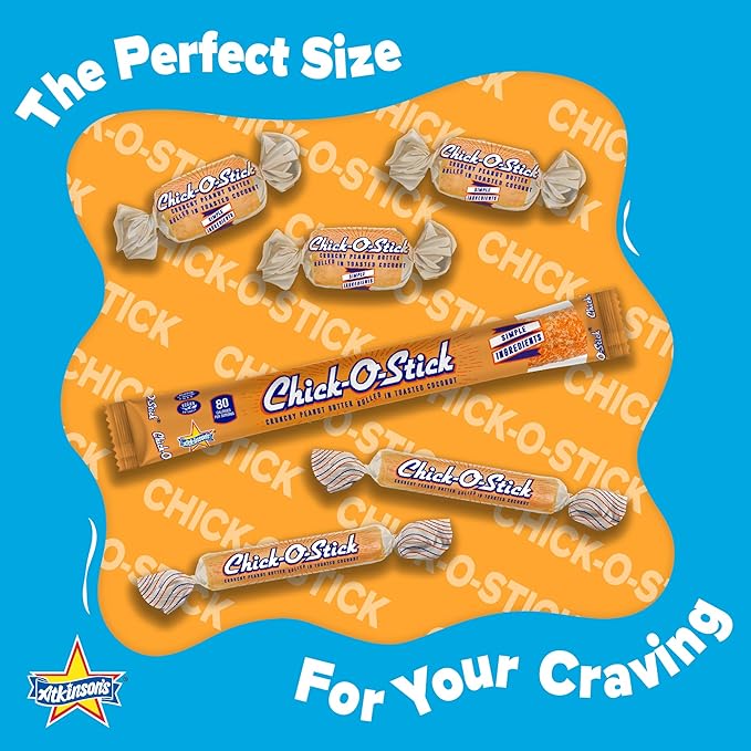 Atkinson's Chick-O-Stick - Crunchy Peanut Butter Rolled in Toasted Coconut - Gluten Free Kosher Vegan No Artificial Ingredients - 0.7 oz. Candy Bar - 36 Count