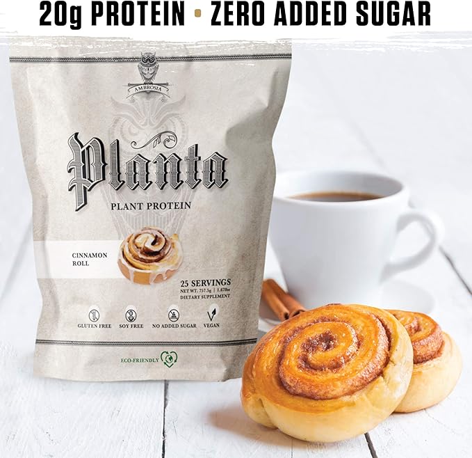 Ambrosia Planta - Plant-Based Protein Powder 20g | Dairy Free Vegan Protein Powder with BCAA Amino Acids | Keto-Friendly No Added Sugar | 25 Servings | Cinnamon Roll