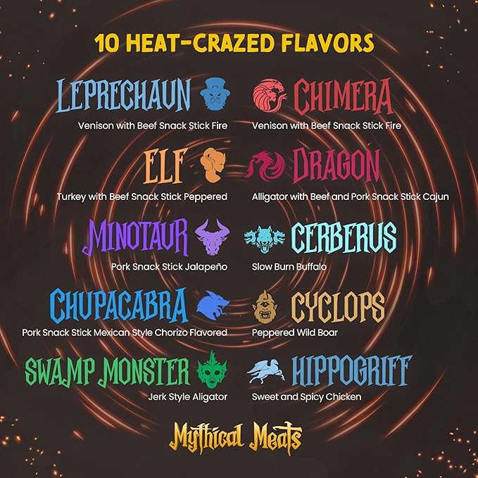 Mythical Meats Cryptid Heatwave Spicy Variety Pack – 10 Legendary Exotic Game &amp Beef Snack Sticks – Dried &amp Dehydrated Meats Seasoned to Perfection – Spicy Flavors Low Sugar &amp High Protei
