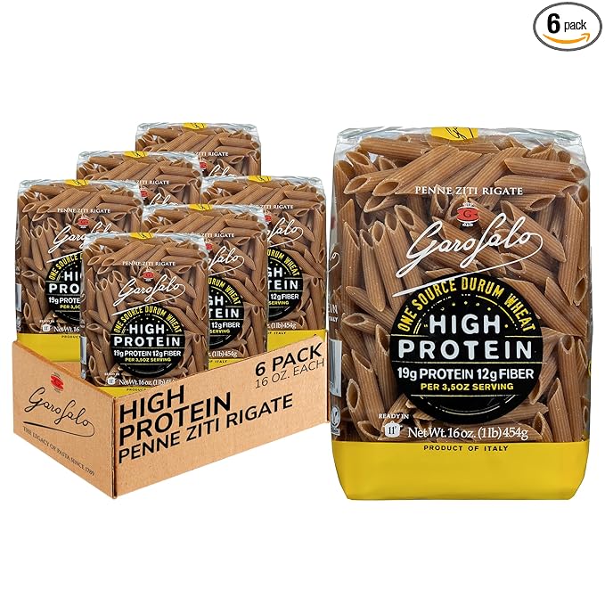 Garofalo - High Protein Penne Rigate Pasta | Premium Durum Wheat Semolina with 19g Protein &amp 12g Fiber | Italian Made Bronze-Drawn PGI Certified (16 oz 6-Pack)