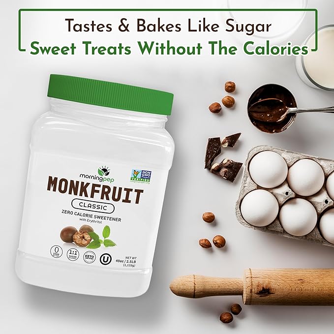 Morning Pep Monk Fruit Sweetener Classic | White Sugar Substitute Keto Diet Friendly 1:1 Sugar Replacement For Baking Coffee Tea Zero Calorie Non Gmo Project Verified OU Kosher White - 2.5 lb