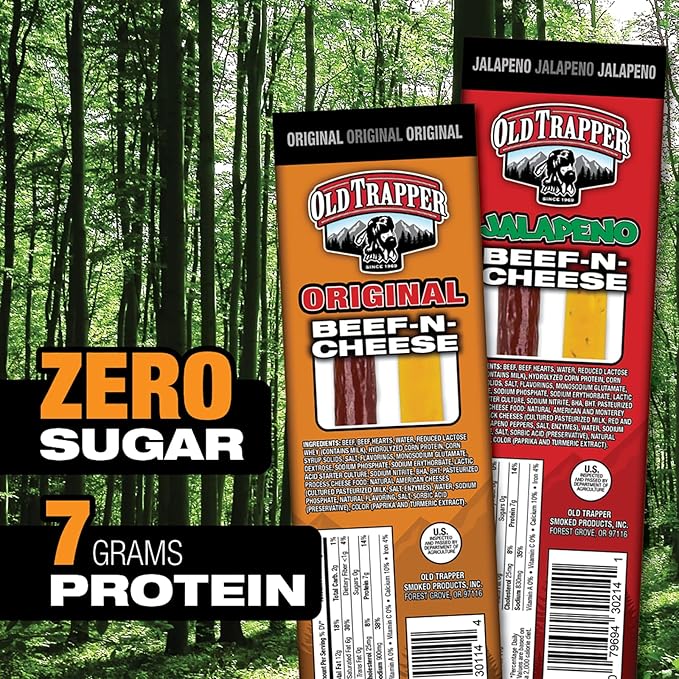 Old Trapper Beef-N-Cheese Original 1.3-Ounce Individual Package Savory Beef Stick and American Cheese Snack Pack Great Snack for Lunch Boxes or Between Meals (Pack of 14)
