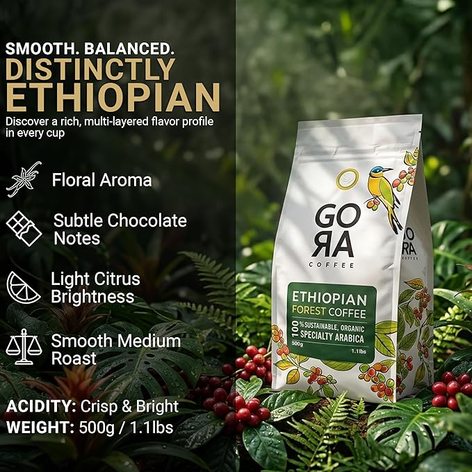 GoRa Ethiopian Coffee Beans – Medium Roast Whole Bean Single Origin Arabica Smooth Fruity &amp Floral Notes Sourced &amp Roasted in Ethiopia – 500g (17.6oz)