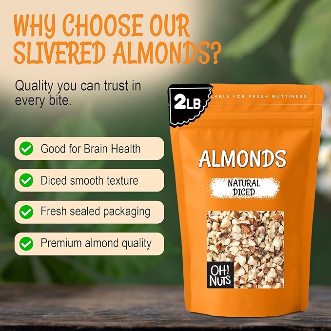 Oh! Nuts Almonds Natural Diced - Raw - 100% Natural - 2 lb - High-Protein Diced Almonds - Packed in New York Zip-Seal Bag for Exceptional Freshness