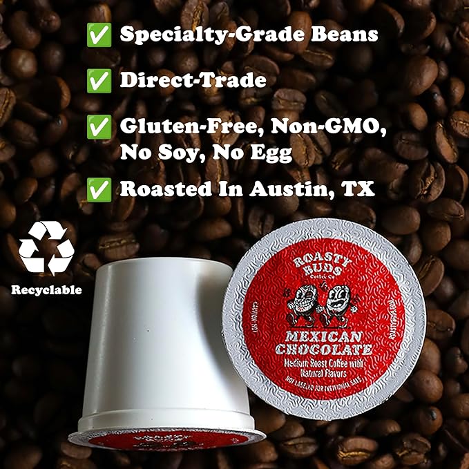 Roasty Buds Coffee Variety Pack Pods 48 Count | Including Mexican Chocolate French Vanilla Classic Colombian and Banana Split | Single-Serve 11g Per Pod | Recyclable Gluten-Free Non-GMO No Sugar