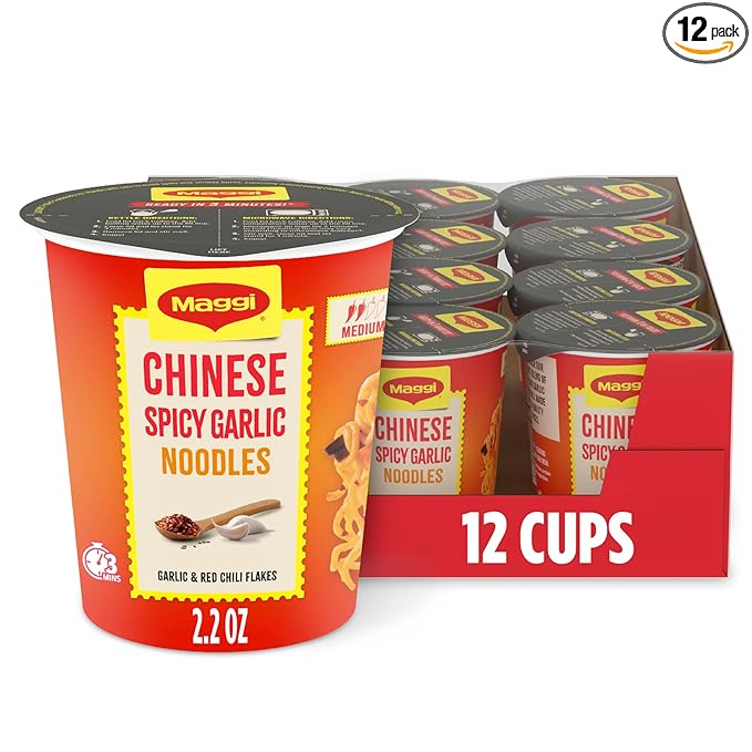 Maggi Chinese Spicy Garlic Noodles Cup of Noodles Instant Ramen 3 min Vegetarian Halal Kosher 12 Pack