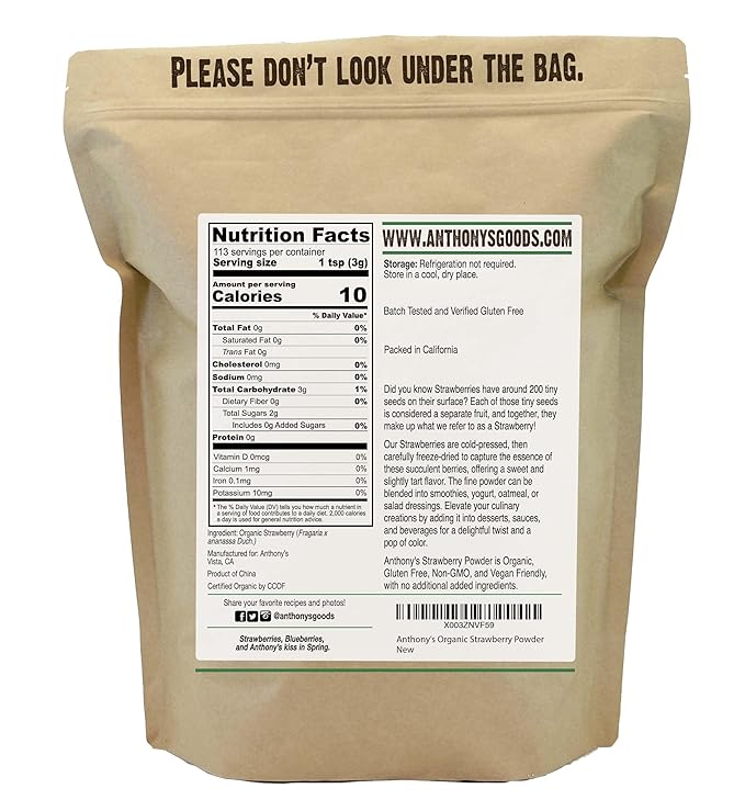 Anthony's Organic Strawberry Powder 12 oz Freeze Dried Gluten Free No Sugar Added Non GMO