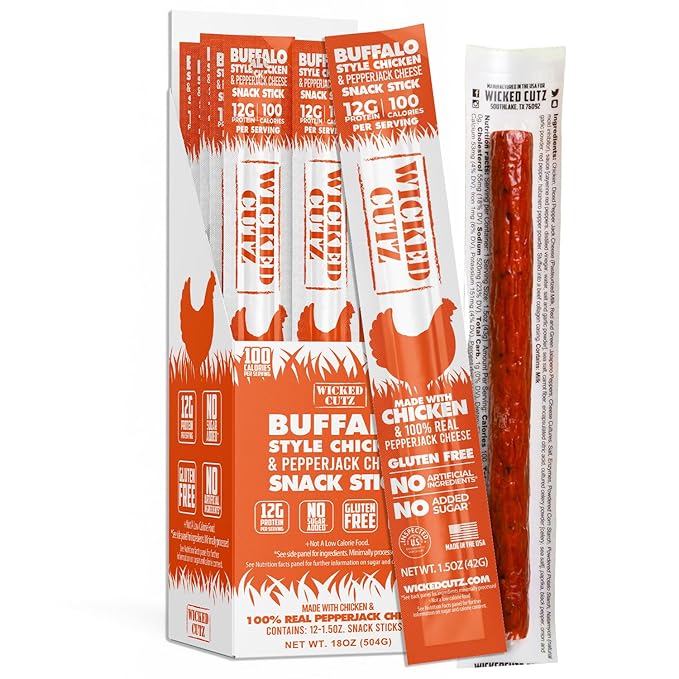 Buffalo Chicken Sticks 12g Protein Per Chicken Stick Tender &amp Juicy Meat Sticks with Real Pepper Jack Cheese USA Made High Protein Carnivore Snacks (12 Pack)