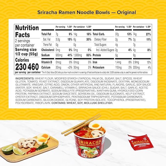 CHOI Sriracha Ramen Noodle Soup Original - Microwavable Bowl 3.8 oz. (110g) 6-Pack