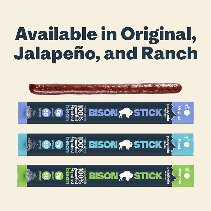 Patagonia Provisions Bison Sticks - Ranch | 100% Grass-Fed 8g of Protein 60 Calories | No Artificial Ingredients Added Flavors Fillers or Nitrates | Pack of 12 1 oz Each