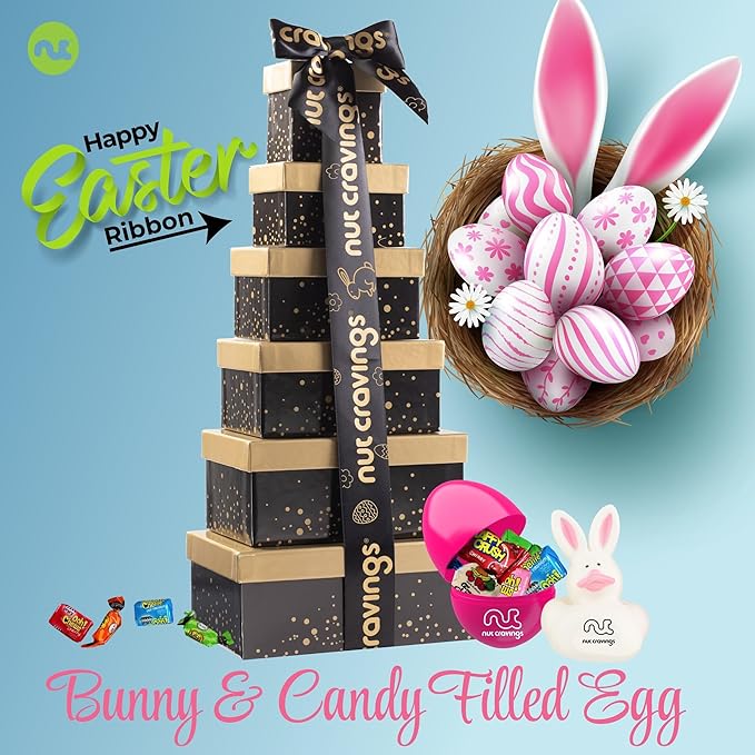 NUT CRAVINGS Gourmet Collection - Easter Treats Candies &amp Dried Fruit Nuts Tower Gift Basket with Happy Easter Ribbon Candy Filled Egg + Bunny (12 Piece Assortment)