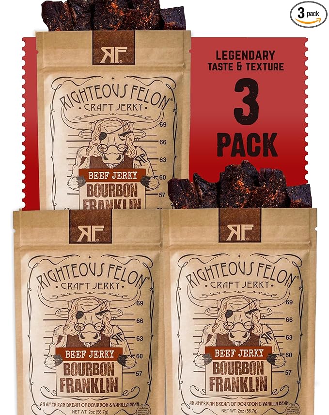 Righteous Felon Beef Jerky - Bourbon Franklin Flavor - All-Natural Bourbon Jerky - Locally Sourced &amp Dried Beef - Low-Sugar High-Protein Healthy Snacks - 2 Ounces Each Pack of 3