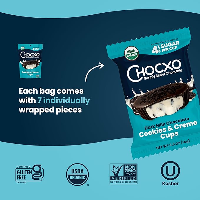 Chocxo Dark Milk Chocolate Cookies &amp Crème Cups - Lower Sugar 69% Organic Cacao NonGMO Keto Gluten Free Kosher No Artificial Sweeteners/Sugar Alcohols 3.45 oz (Pack of 6)