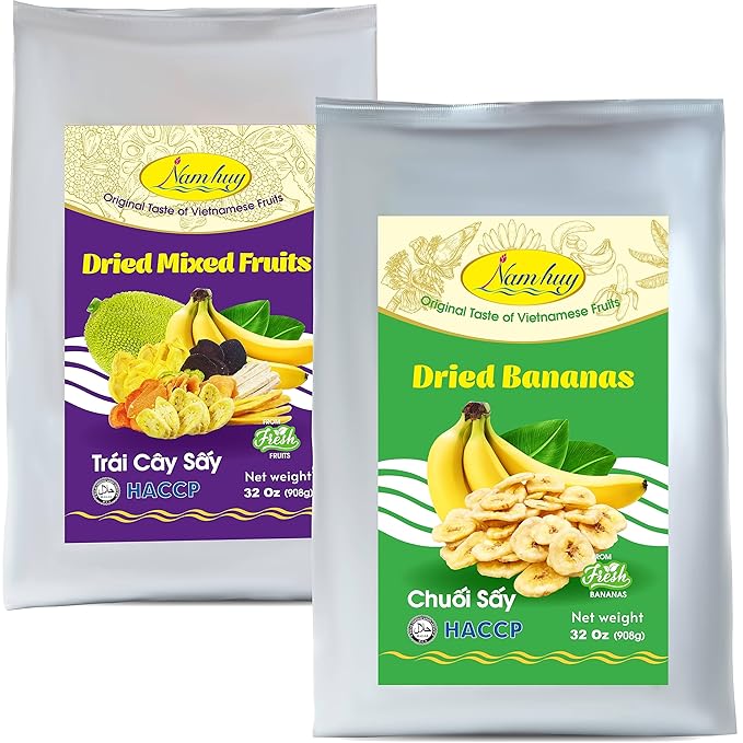 NAM HUY Vietnam's Dried Banana and Dried Mixed Fruit Snacks Original Taste of Vietnamese Fruits No-Added Sugar or Preservatives Delicious Crispy Texture HACCP &amp Halal Certificate (Total 64Oz)