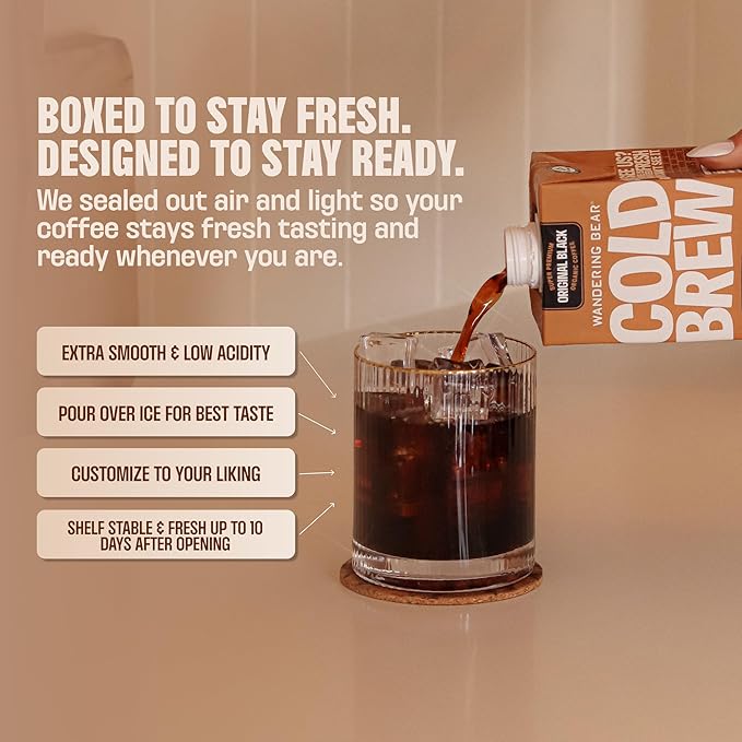 Wandering Bear Decaf Cold Brew Coffee - Bold Smooth No Sugar Added Shelf-Stable Ready to Drink Gluten Free &amp Vegan Decaf Iced Cold Brewed Coffee Drink - 32 fl oz 6 pack