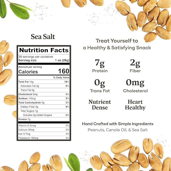 Belmont Peanuts Gourmet Sea-Salted Virginia Peanuts 38 oz (1 Pack) – Only 3 Simple Ingredients No Preservatives 7g Protein – A Premium Salty Crunchy Hand Seasoned Snack