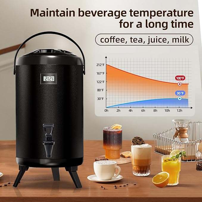 Insulated Beverage Dispenser - Thermal Hot and Cold Tea Dispenser - Stainless Steel 12L/3.2Gal with Spigot for Hot Coffee &amp Tea Cold Milk &amp Juice - Black