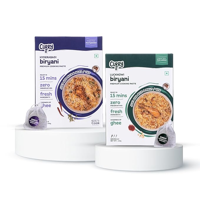 CURRYiT Ready To Cook Hyderabadi &amp Lucknowi Biryani Indian Masala Gravy Made With Ghee Combo Pack (250Gx2) Ready In 30 Minutes No Preservatives Gluten-Free