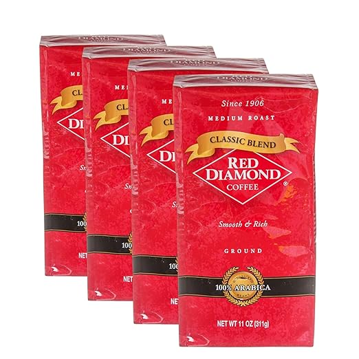 Red Diamond Ground Coffee | Classic Blend | Medium Roast | Arabica Beans | Smooth &amp Rich Flavor | 11 Ounce Resealable Bags (4 Pack)