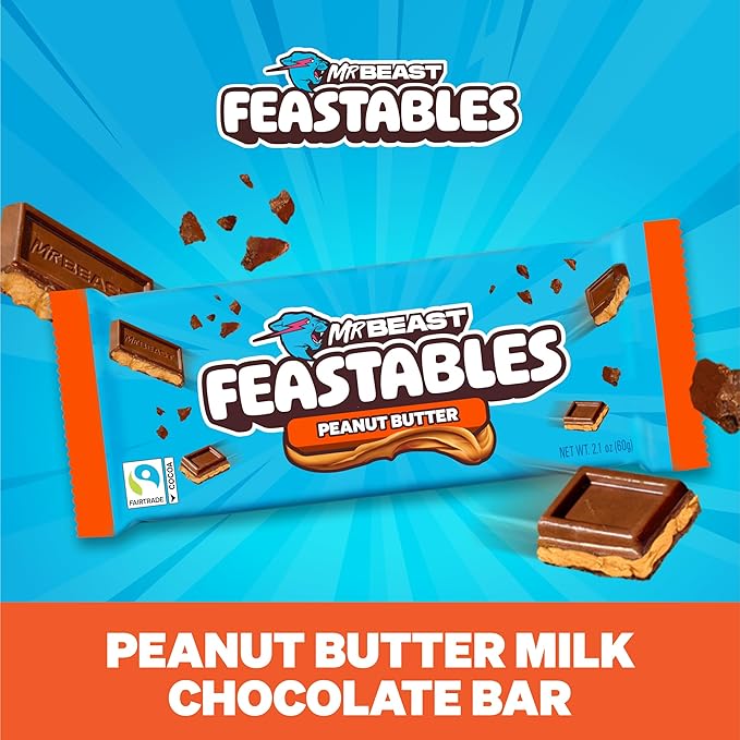 MrBeast Feastables Peanut Butter Milk Chocolate Bar King Size 10 Count Creamy Peanut Butter Chocolate Candy Fairtrade Cocoa 2.1oz Each