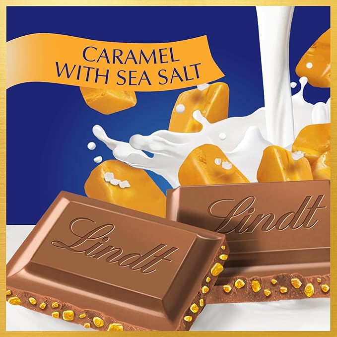 Lindt CLASSIC RECIPE Caramel with Sea Salt Milk Chocolate Bar Milk Chocolate Candy with Pieces of Caramel and Sea Salt 4.4 oz. (12 Pack)