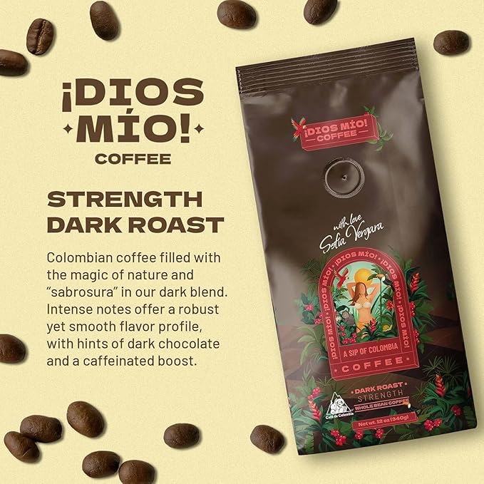 Dios Mio Coffee by Sofia Vergara Dark Roast Whole Bean Premium Colombian Coffee 12 Ounce Bag (Pack of 3)