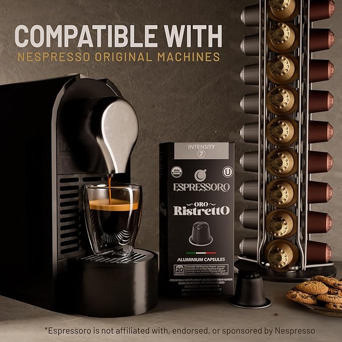 ESPRESSORO 100 USDA Organic Espresso Pods - RISTRETTO Aluminum Capsule Compatible with Nespresso Original Lines Machines. Intensity 7 Premium Italian Expresso Coffee Capsules